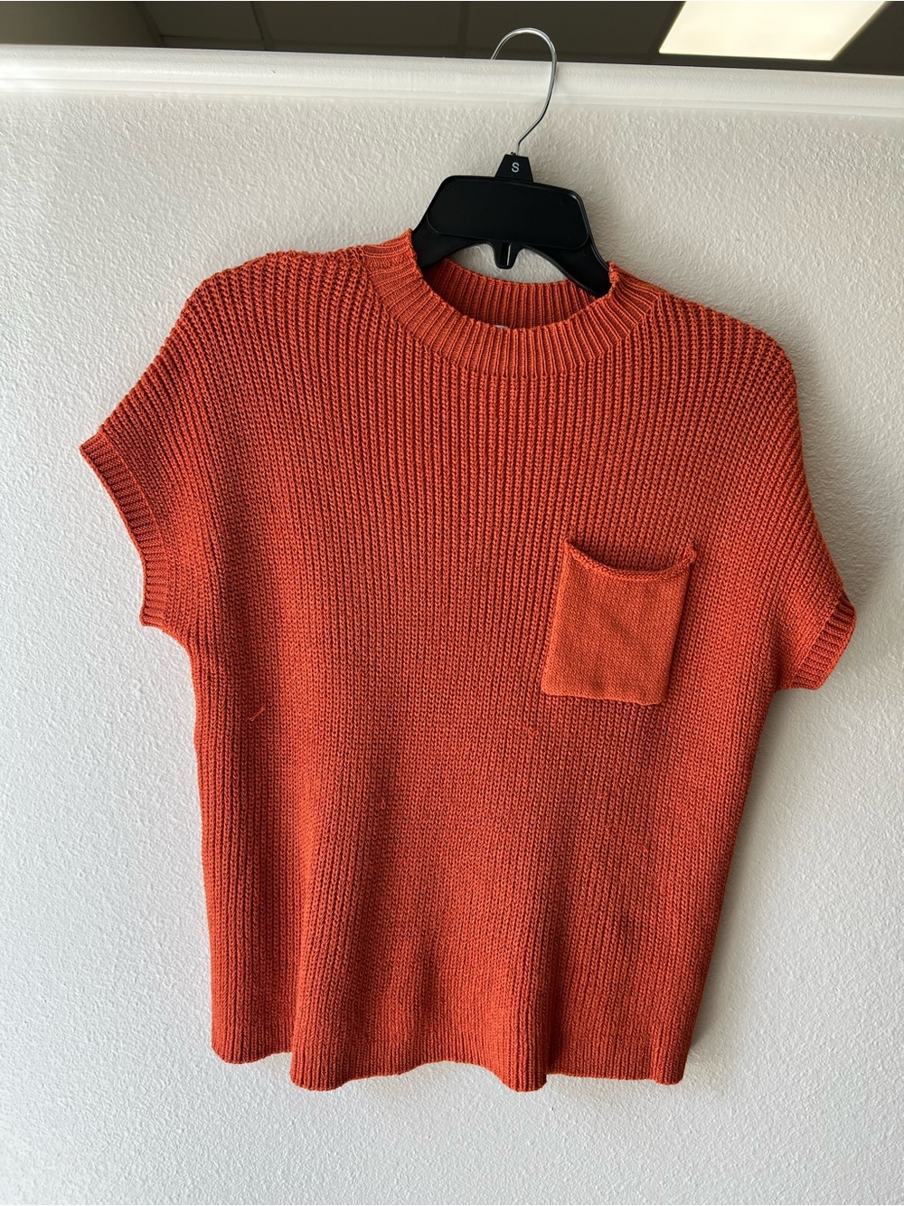 Orange Knit Short Sleeve Sweater with Pocket